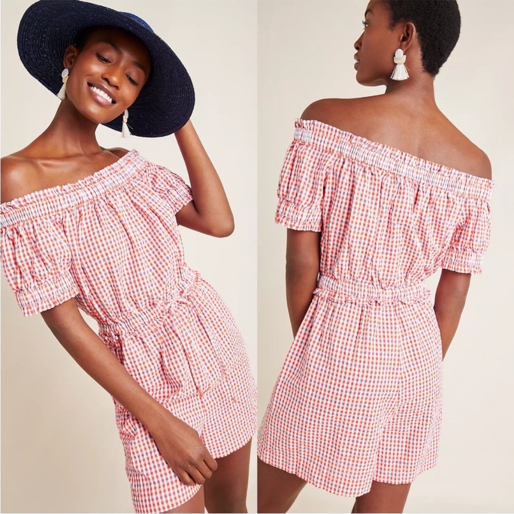 Anthropologie Pink & White Gingham Off-Shoulder Romper